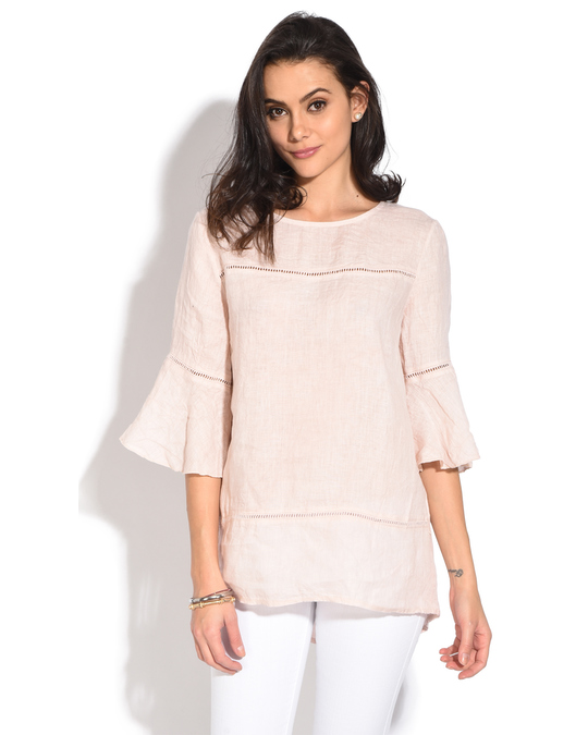 Le Jardin du Lin Round Collar Tunic With Lace Insert And Ruffled Sleeves