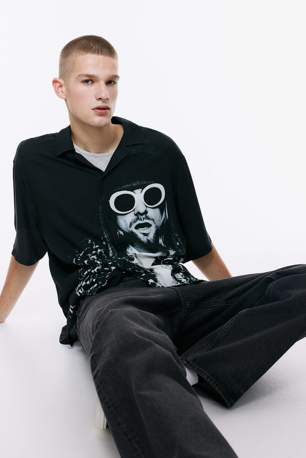 H&M Casual Overhemd Met Print - Relaxed Fit Zwart/kurt Cobain