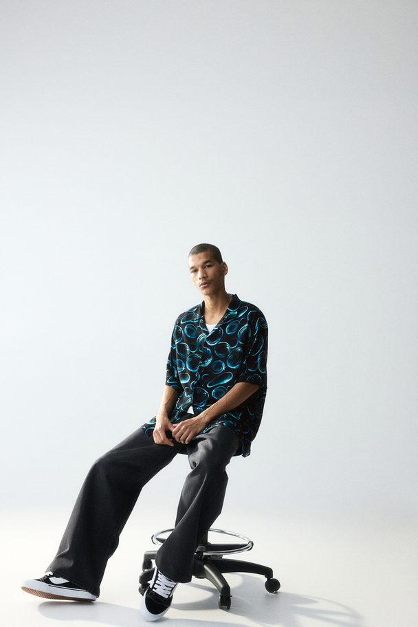 H&M Casual Overhemd Met Print - Relaxed Fit Zwart/smiley® Originals