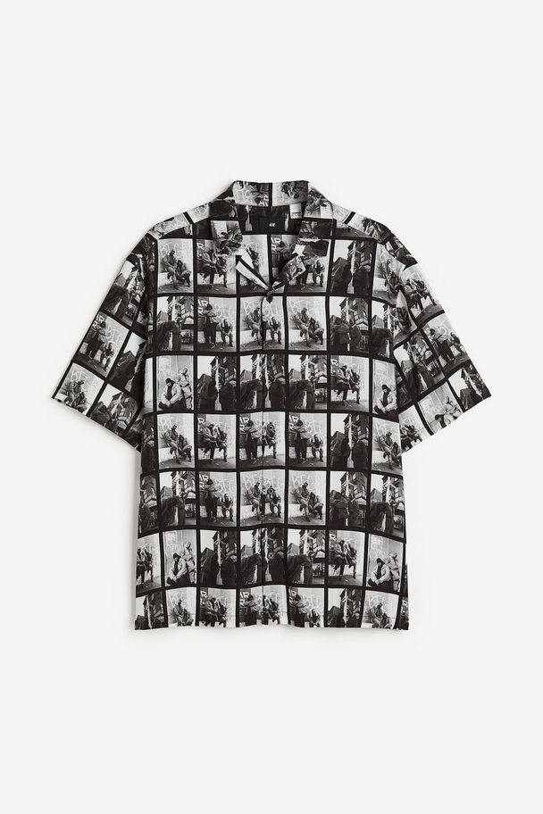 H&M Relaxed Fit Patterned Resort Shirt Black/the Notorious B.i.g.