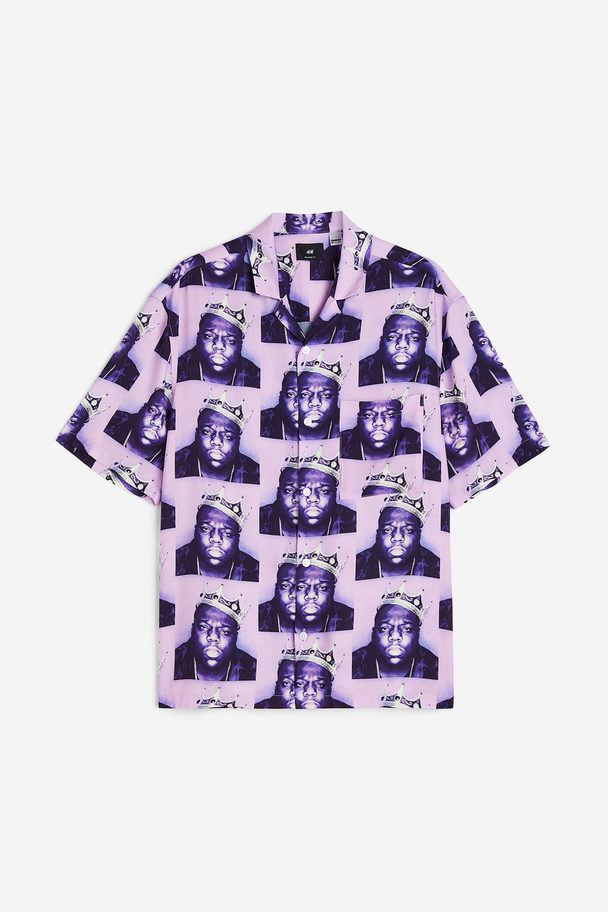 H&M Relaxed Fit Patterned Resort Shirt Purple/the Notorious B.i.g.