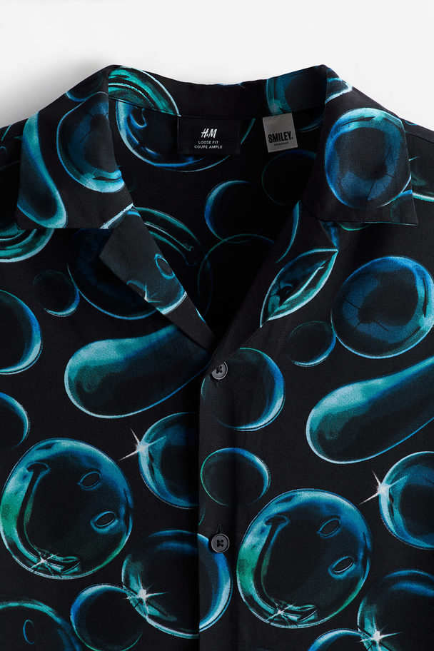 H&M Relaxed Fit Printed Resort Shirt Black/smiley® Originals