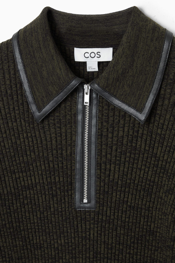 COS Leather-trimmed Wool Polo Shirt Olive Green Mélange