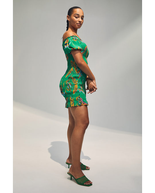 H&M Smocked Bodycon Dress Green/butterflies