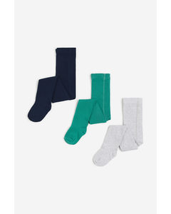 3-pak Strømpebukser I Finstrik Marineblå/grønblå/lysegrå