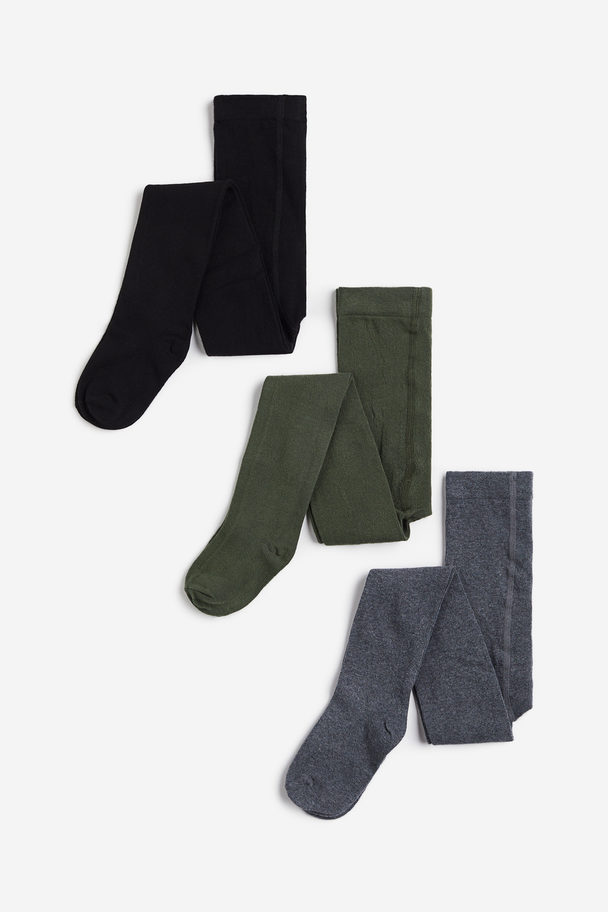 H&M 3-pak Strømpebukser I Finstrik Mørkegrøn/mørkegrå/sort