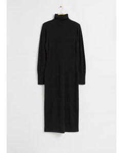 Nauwsluitende Gebreide Wollen Midi-jurk Zwarte Wol