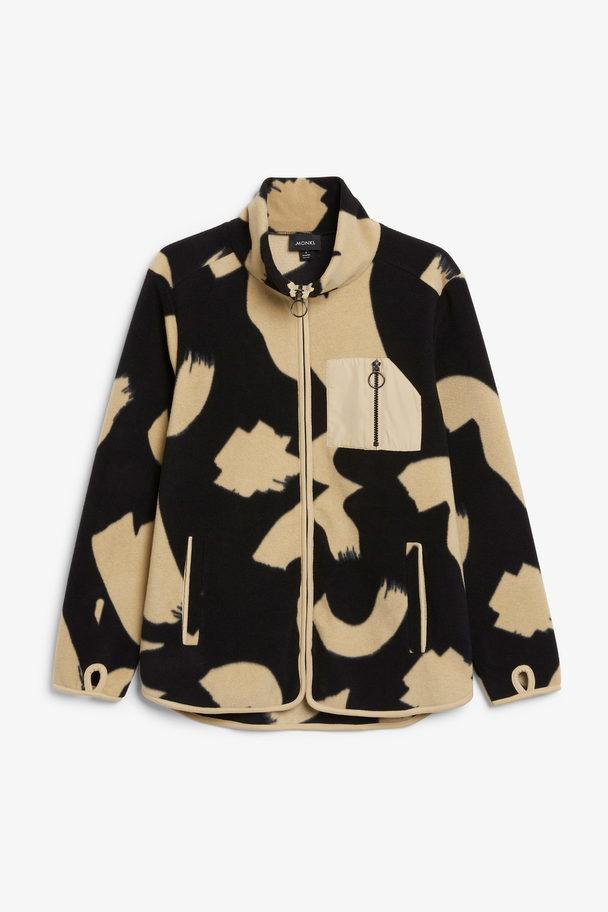 Monki Beige Patterned Zip-up Fleece Sweater Beige Strokes