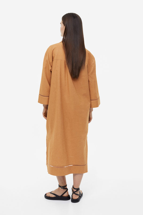 H&M Linen-blend Kaftan Dress Dark Beige