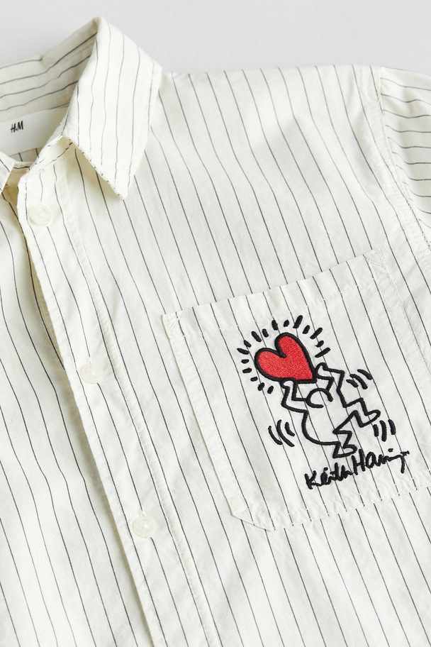 H&M Skjorte I Bomuldspoplin Med Broderet Motiv Hvid/keith Haring
