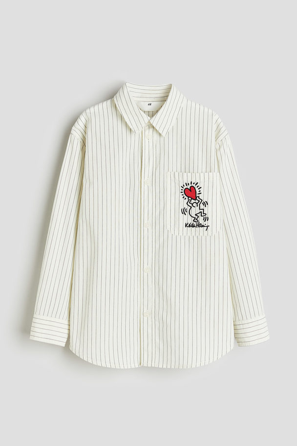 H&M Embroidered-motif Cotton Poplin Shirt White/keith Haring