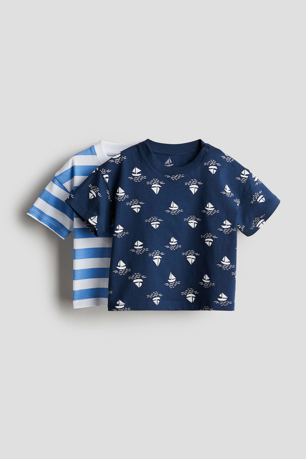 H&M 2-pack T-shirt I Bomull Med Tryck Marinblå/segelbåtar