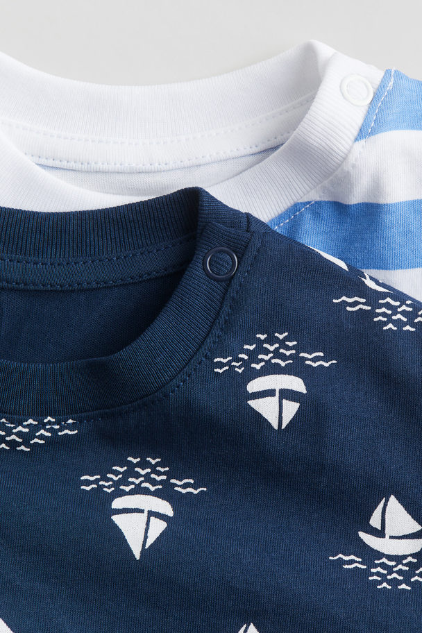 H&M 2-pak T-shirt I Bomuld Med Tryk Marineblå/sejlbåde