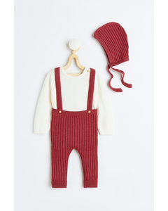 3-piece Fine-knit Cotton Set Dark Red/white
