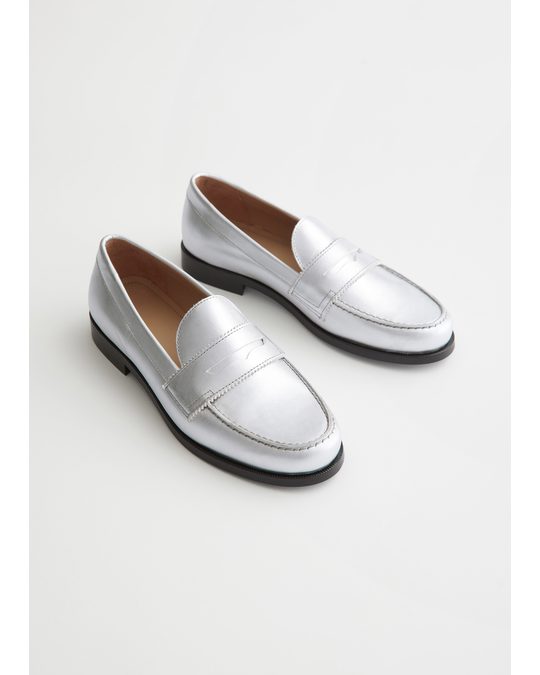 & Other Stories Leather Penny Loafers Metallic Silver
