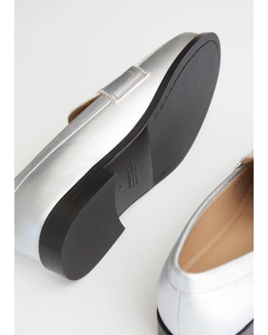 & Other Stories Leather Penny Loafers Metallic Silver