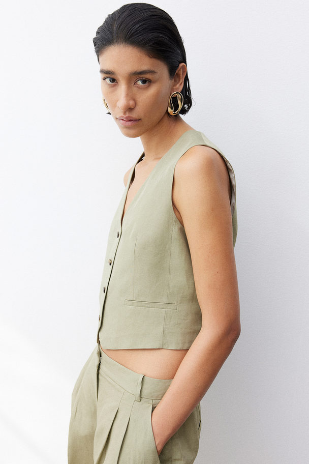 H&M Linen-blend Waistcoat Khaki Green