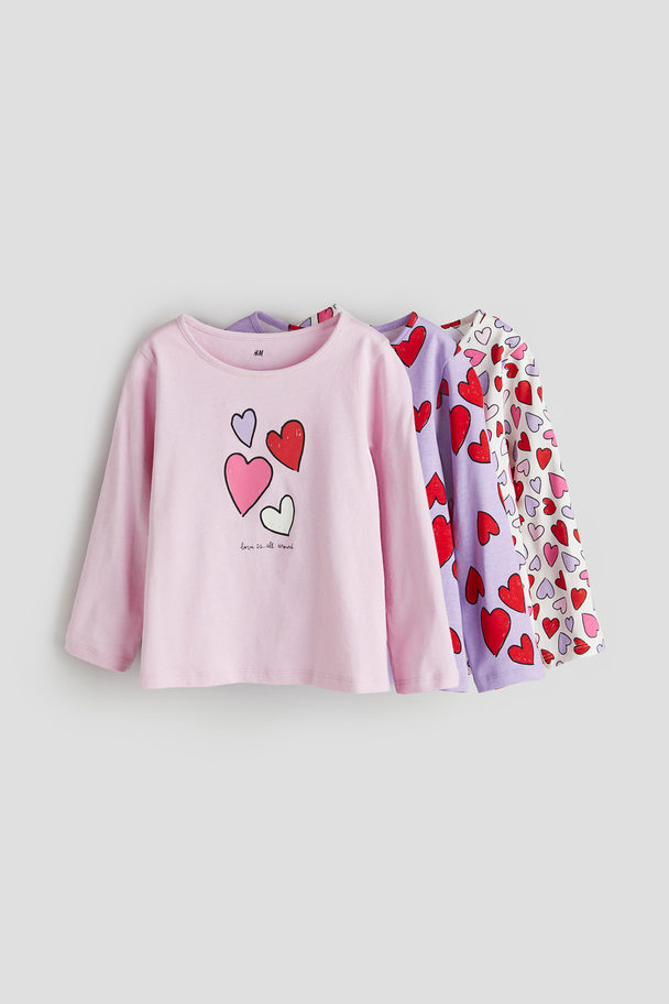 H&M 3-pack Long-sleeved Jersey Tops Light Pink/hearts