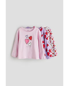 3-pack Long-sleeved Jersey Tops Light Pink/hearts