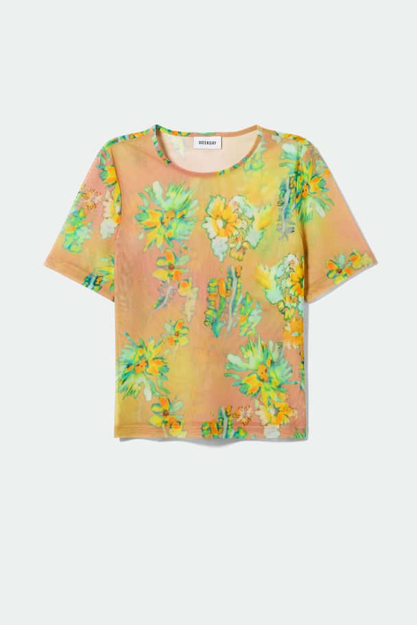 Weekday Blur Printed Mesh T-shirt Orange Flowers