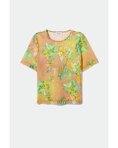 Blur Printed Mesh T-shirt Orange Flowers