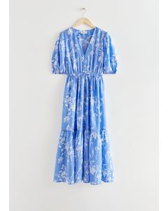 Puff Sleeve Maxi Dress Blue Florals