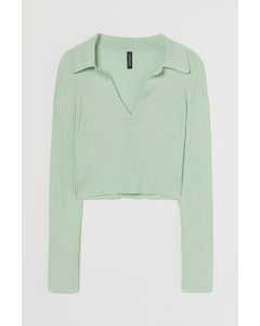 Collared Ribbed Top Light Green