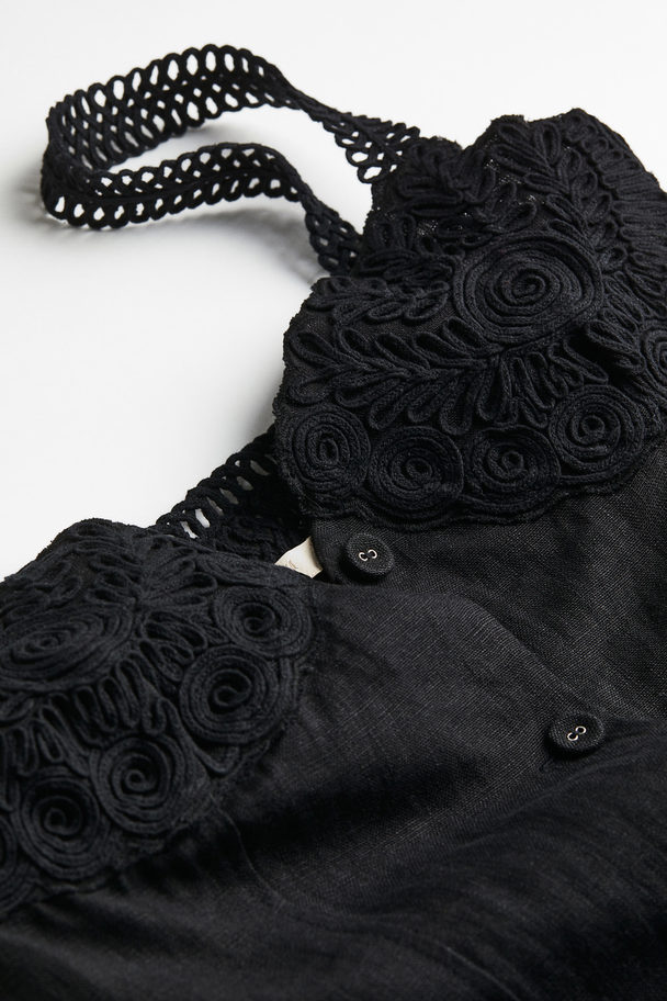 H&M Appliquéd Linen Mini Dress Black