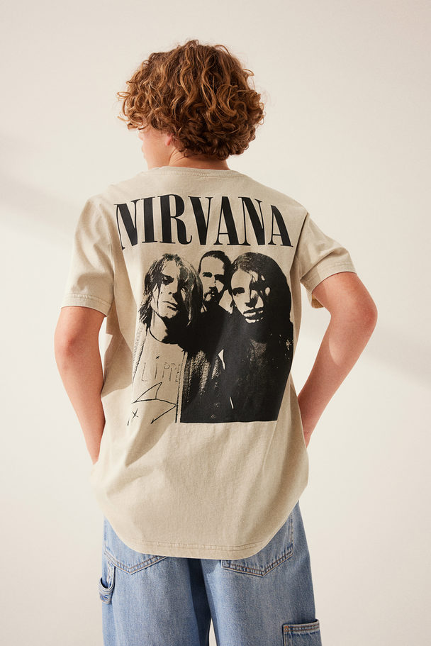 H&M Printed T-shirt Light Beige/nirvana