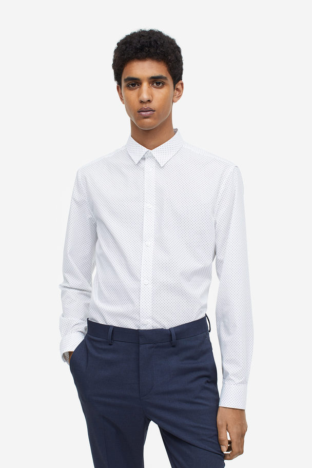 H&M Slim Fit Easy Iron-skjorte Hvit/sort Prikket