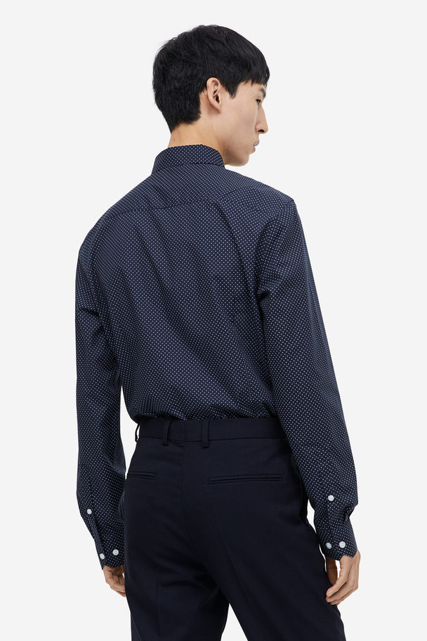 H&M Slim Fit Easy-iron Shirt Navy Blue/spotted