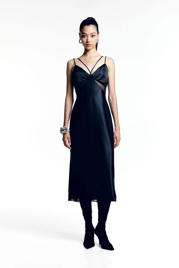 H&M Mesh-detail Satin Slip Dress Black