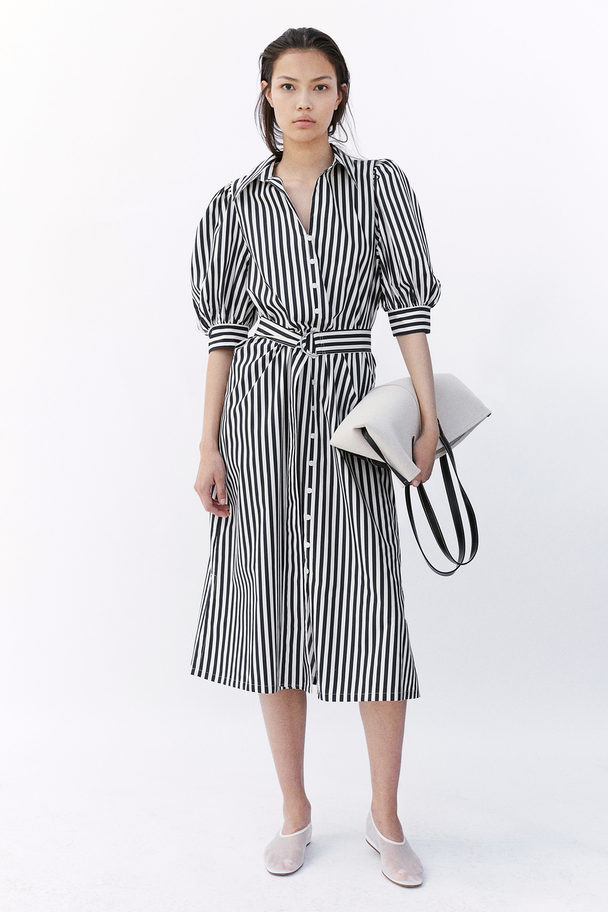 H&M Belted Shirt Dress Navy Blue/striped