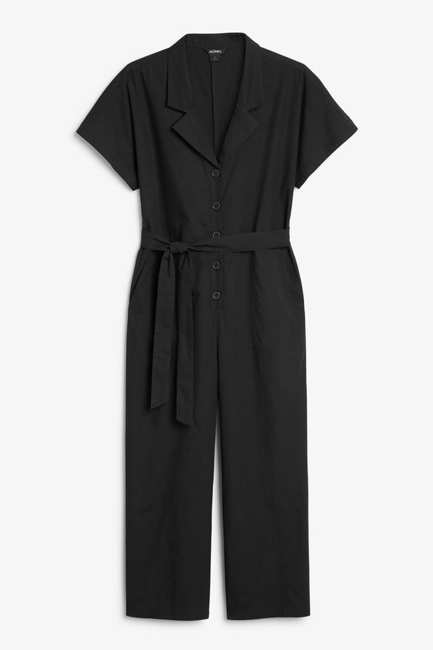 Monki Black Short Sleeve Jumpsuit With Collar Black