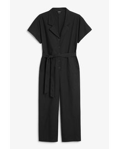 Black Short Sleeve Jumpsuit With Collar Black