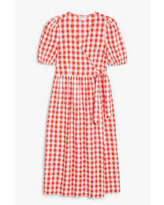 Red And White Checkered Seersucker Wrap Midi Dress Red And White Checks