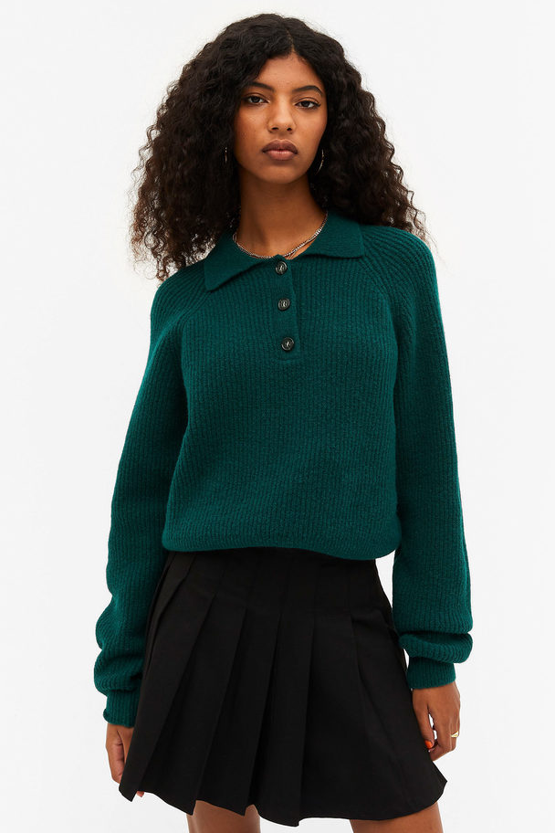 Monki Soft Knit Polo Top Dark Green