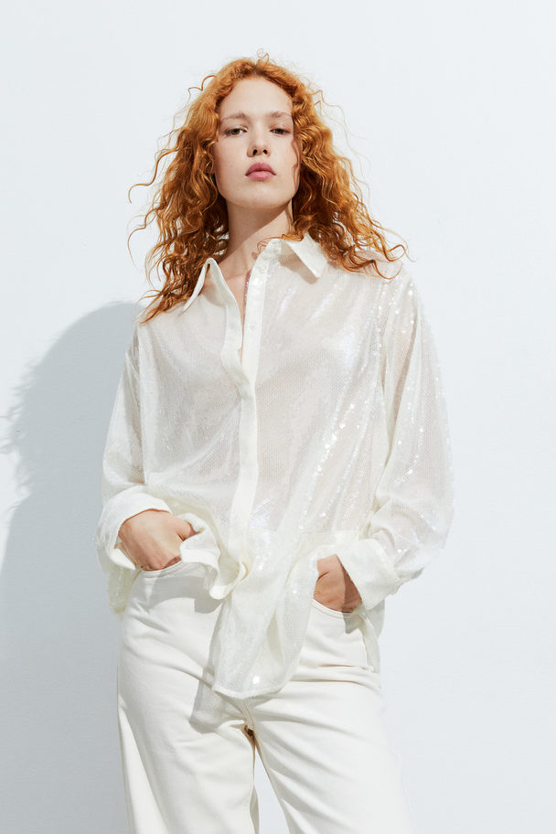 H&M Oversized Bluse mit Pailletten Weiß