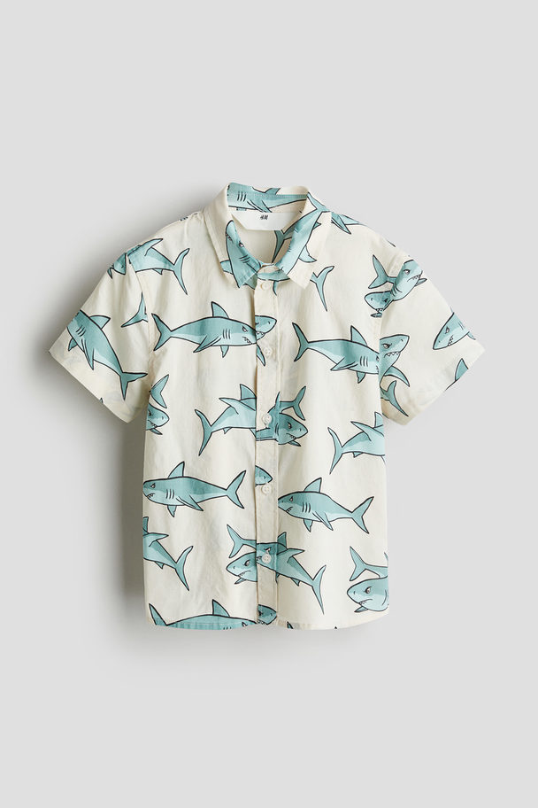 H&M Patterned Cotton Shirt Natural White/sharks
