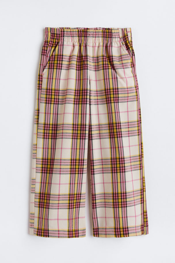 H&M Wide Pull-on Trousers Natural White/checked