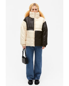 High Neck Puffer Jacket Black And White Colour Blocks