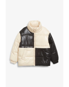 High Neck Puffer Jacket Black And White Colour Blocks