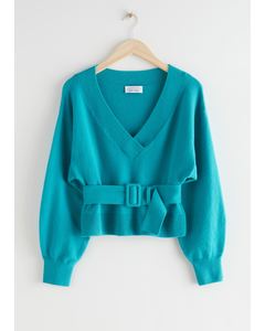 Oversized Belted V-Cut Sweater Turquoise