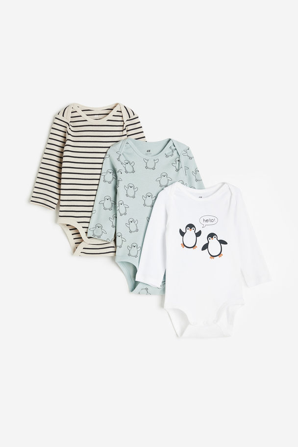 H&M 3-pack Long-sleeved Bodysuits Turquoise/penguins
