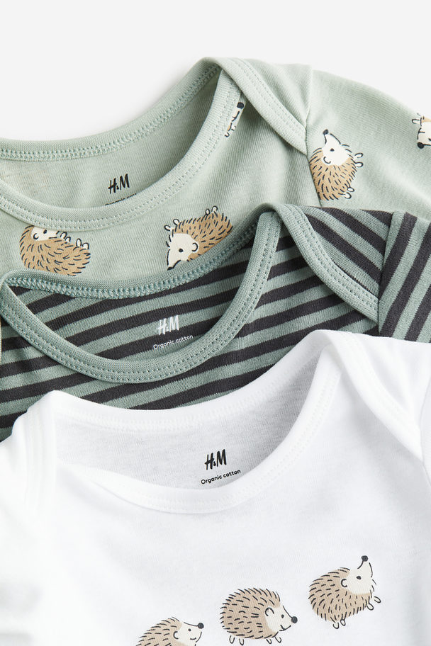 H&M 3-pack Long-sleeved Bodysuits Light Green/hedgehogs