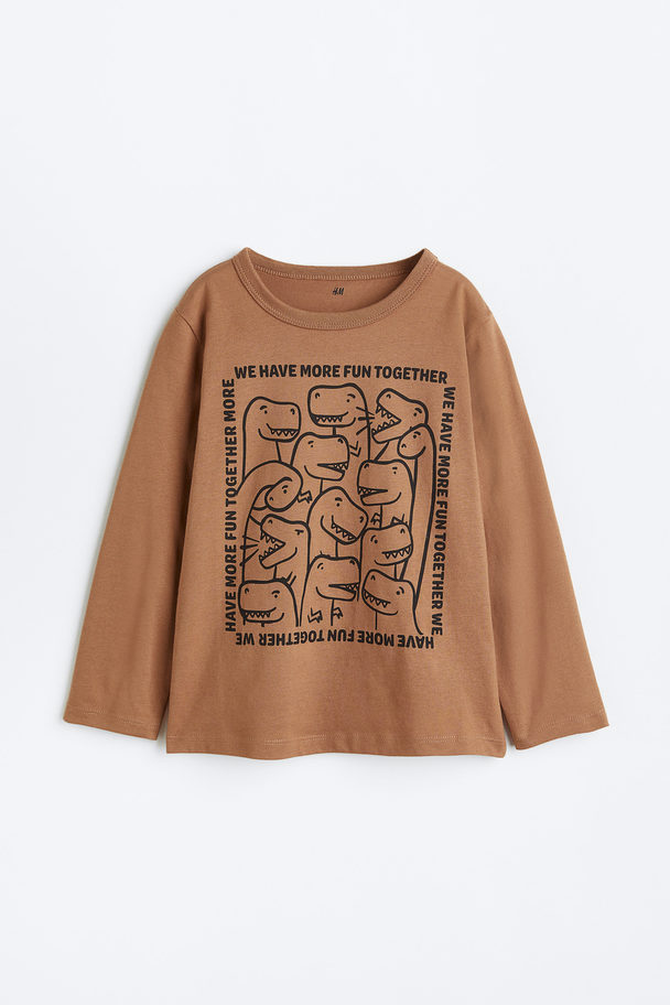 H&M Shirt Met Lange Mouwen Donkerbeige/dinosaurussen