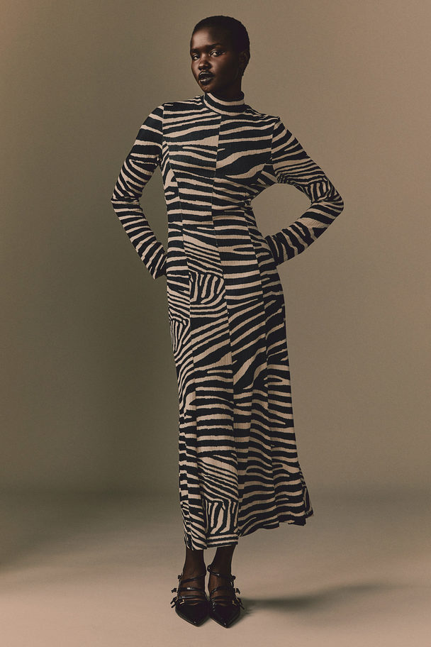 H&M Lang Kjole I Jersey Sort/zebramønstret