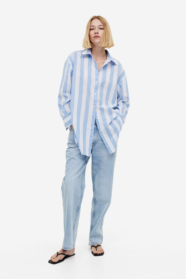 H&M Linen-blend Shirt Light Blue/striped