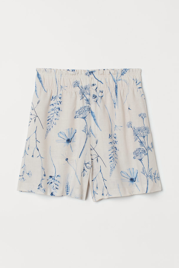H&M Shorts aus Leinenmix Hellbeige/Blau gemustert