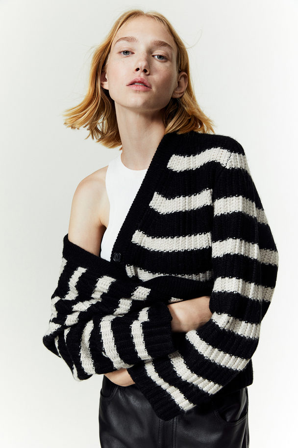 H&M Rib-knit Cardigan Black/striped